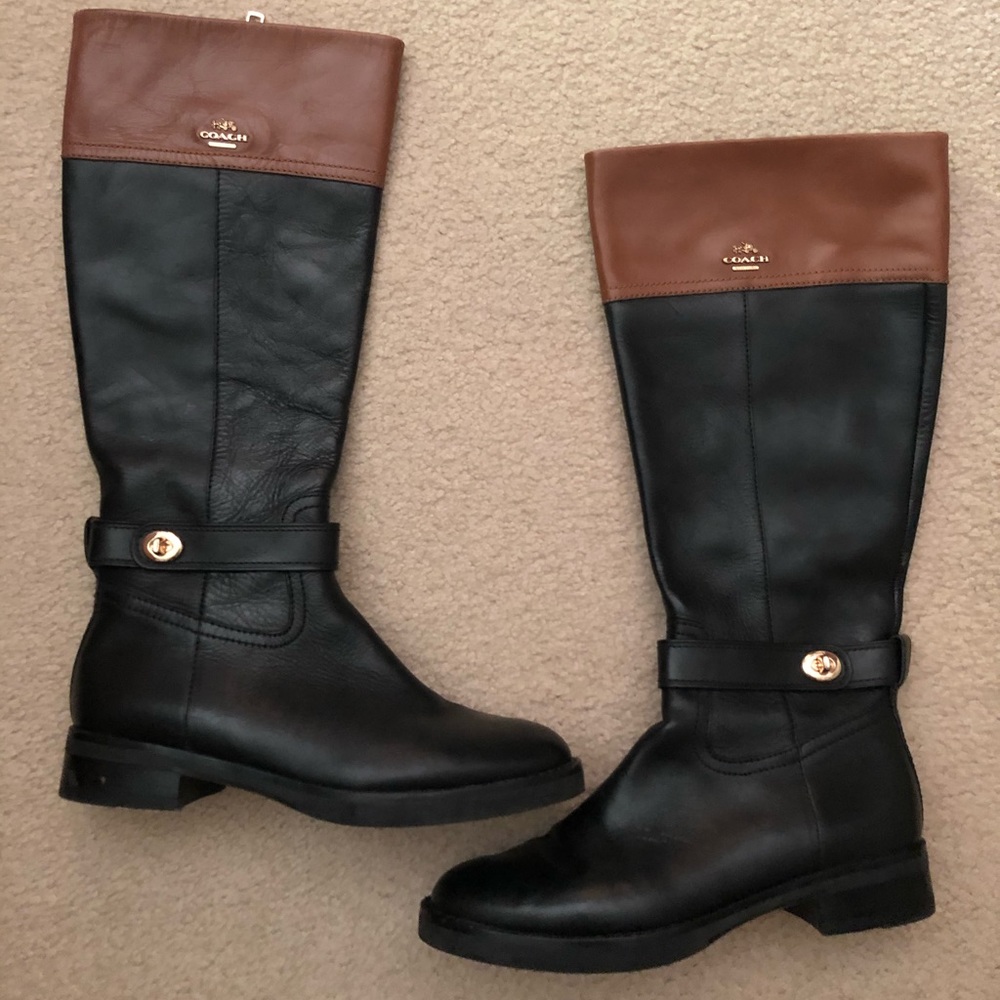 Coach Eva Riding Boots, Size 8, Black/Chestnut